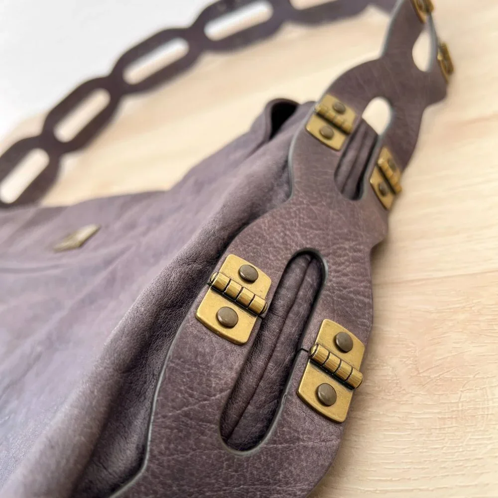 Kooba MEG Genuine Washed Leather Shoulder Bag Hinge Cutout Strap in Lavender
